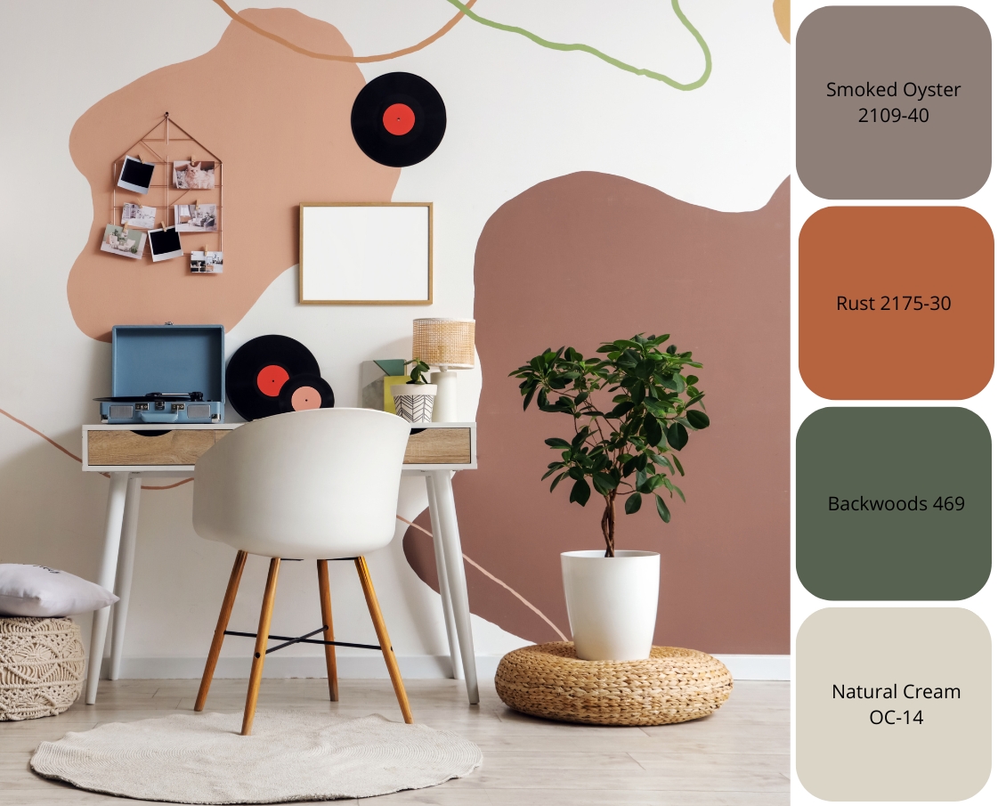 kolory do domowego biura – inspiracja z paletą Smoked Oyster, Rust, Backwoods i Natural Cream